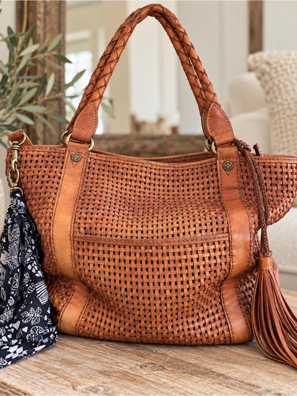 Patricia Nash Woven Leather Tote Shoulder Bag Tan Brown Boho Tassel Scarf